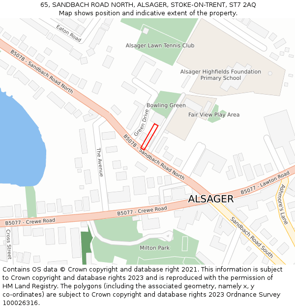 65, SANDBACH ROAD NORTH, ALSAGER, STOKE-ON-TRENT, ST7 2AQ: Location map and indicative extent of plot