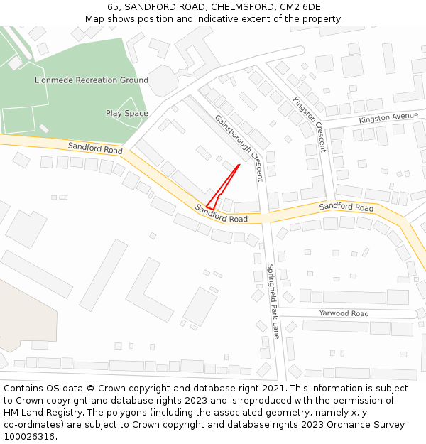 65, SANDFORD ROAD, CHELMSFORD, CM2 6DE: Location map and indicative extent of plot