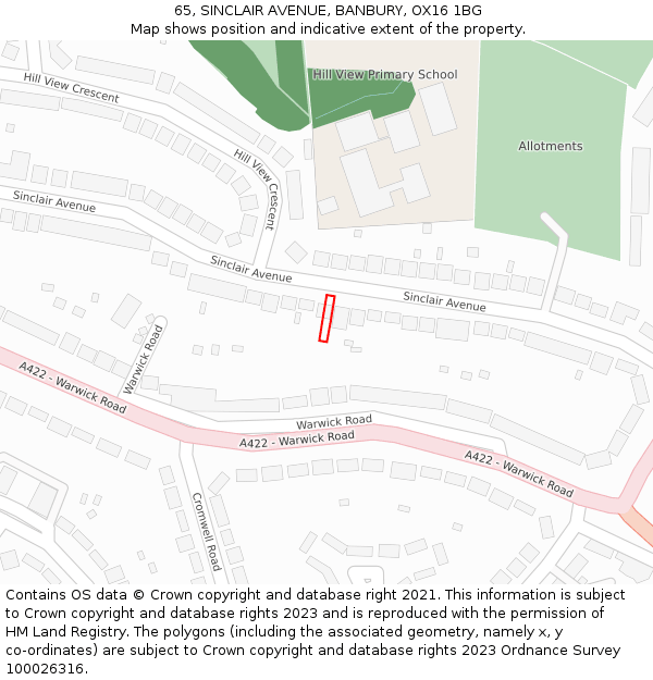 65, SINCLAIR AVENUE, BANBURY, OX16 1BG: Location map and indicative extent of plot