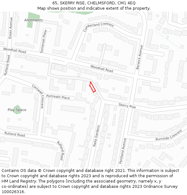 65, SKERRY RISE, CHELMSFORD, CM1 4EQ: Location map and indicative extent of plot
