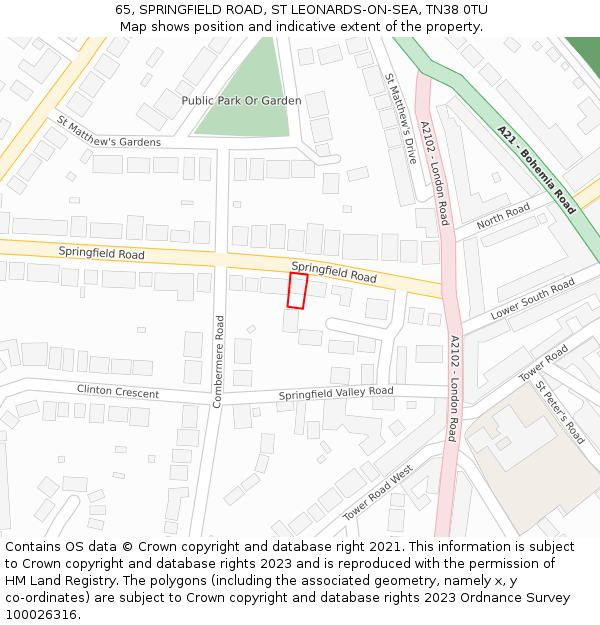 65, SPRINGFIELD ROAD, ST LEONARDS-ON-SEA, TN38 0TU: Location map and indicative extent of plot
