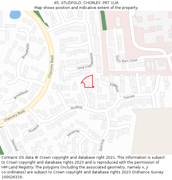 65, STUDFOLD, CHORLEY, PR7 1UA: Location map and indicative extent of plot