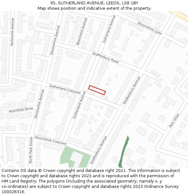 65, SUTHERLAND AVENUE, LEEDS, LS8 1BY: Location map and indicative extent of plot