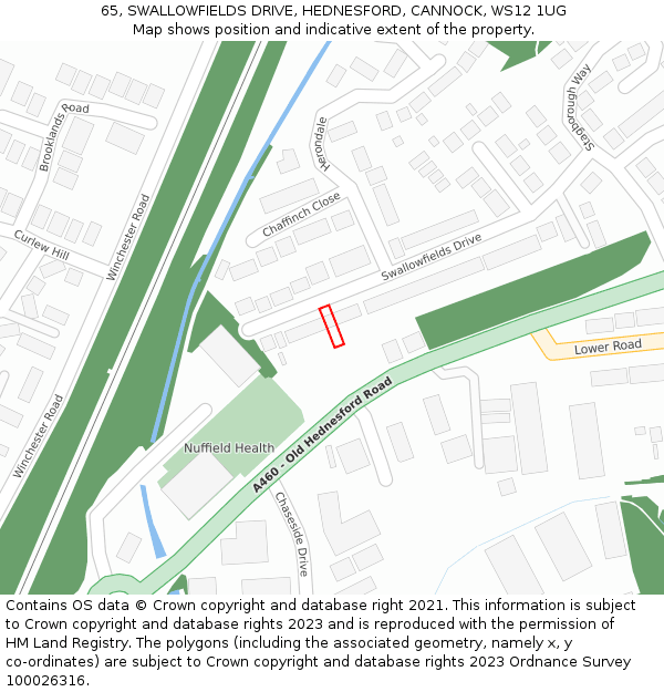 65, SWALLOWFIELDS DRIVE, HEDNESFORD, CANNOCK, WS12 1UG: Location map and indicative extent of plot