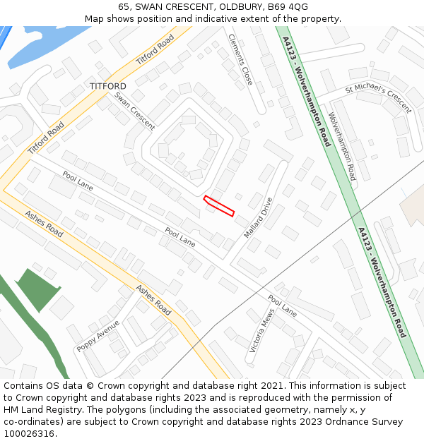 65, SWAN CRESCENT, OLDBURY, B69 4QG: Location map and indicative extent of plot