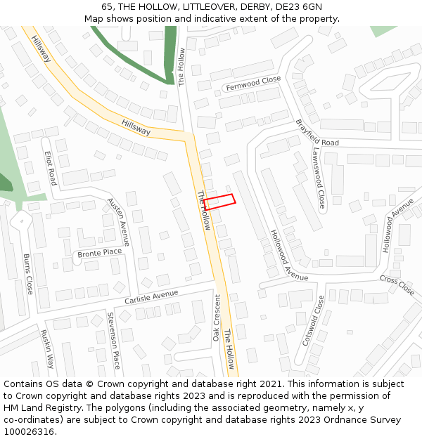 65, THE HOLLOW, LITTLEOVER, DERBY, DE23 6GN: Location map and indicative extent of plot
