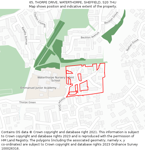 65, THORPE DRIVE, WATERTHORPE, SHEFFIELD, S20 7HU: Location map and indicative extent of plot