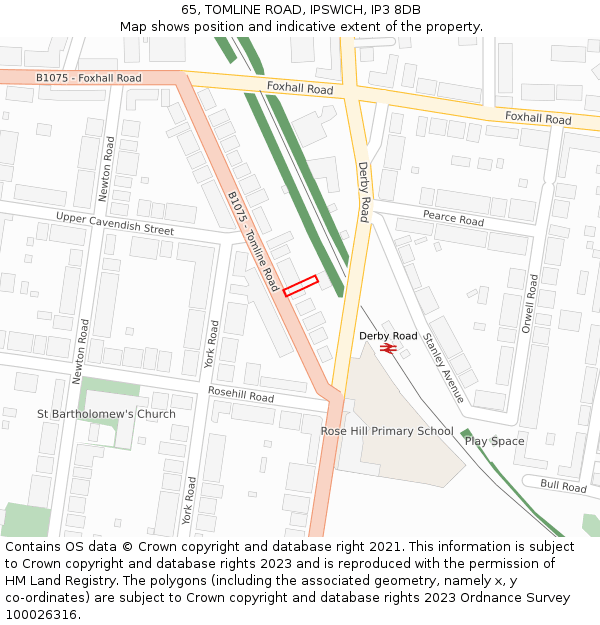 65, TOMLINE ROAD, IPSWICH, IP3 8DB: Location map and indicative extent of plot