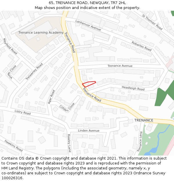 65, TRENANCE ROAD, NEWQUAY, TR7 2HL: Location map and indicative extent of plot