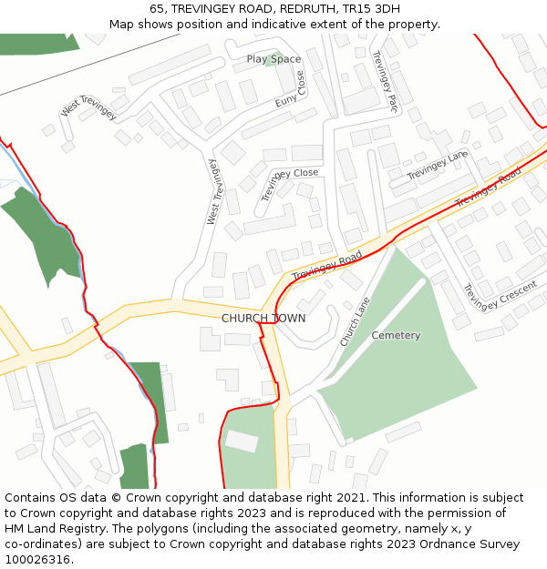 65, TREVINGEY ROAD, REDRUTH, TR15 3DH: Location map and indicative extent of plot