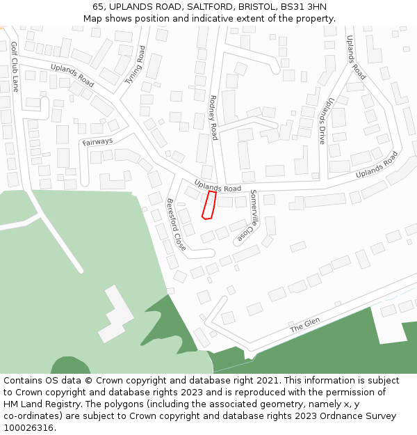 65, UPLANDS ROAD, SALTFORD, BRISTOL, BS31 3HN: Location map and indicative extent of plot
