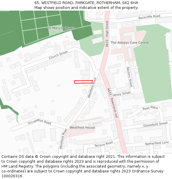 65, WESTFIELD ROAD, PARKGATE, ROTHERHAM, S62 6HA: Location map and indicative extent of plot