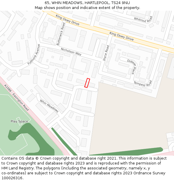 65, WHIN MEADOWS, HARTLEPOOL, TS24 9NU: Location map and indicative extent of plot