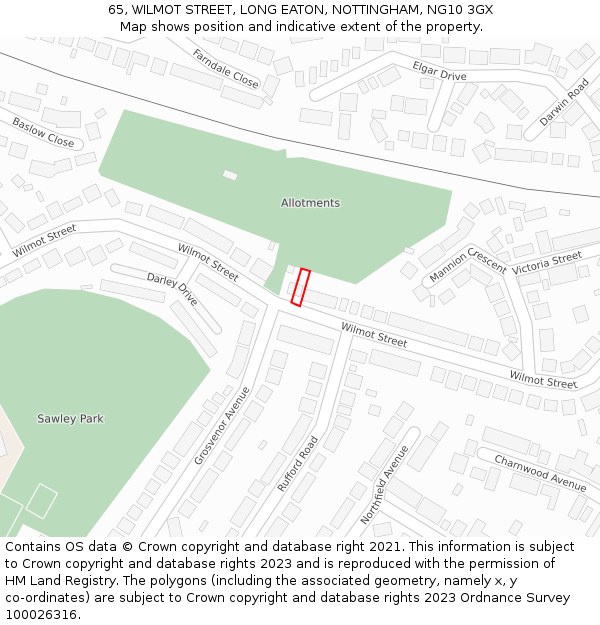 65, WILMOT STREET, LONG EATON, NOTTINGHAM, NG10 3GX: Location map and indicative extent of plot