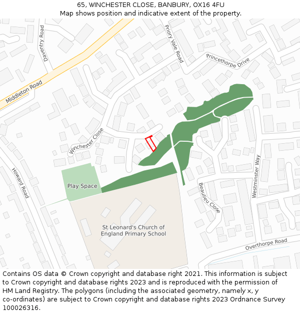 65, WINCHESTER CLOSE, BANBURY, OX16 4FU: Location map and indicative extent of plot