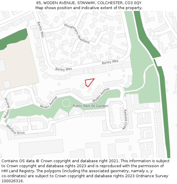 65, WODEN AVENUE, STANWAY, COLCHESTER, CO3 0QY: Location map and indicative extent of plot