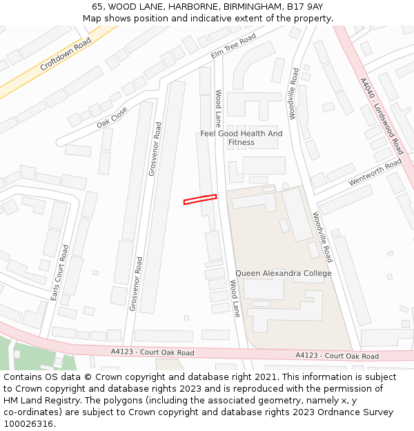 65, WOOD LANE, HARBORNE, BIRMINGHAM, B17 9AY: Location map and indicative extent of plot
