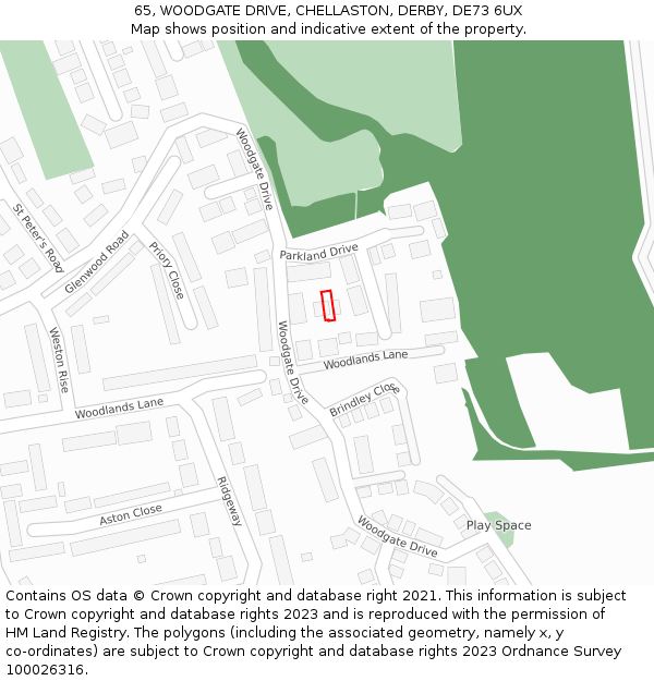 65, WOODGATE DRIVE, CHELLASTON, DERBY, DE73 6UX: Location map and indicative extent of plot
