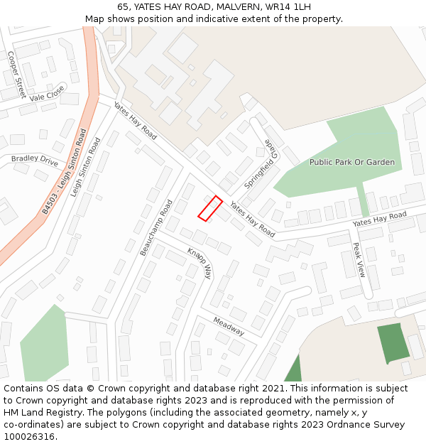 65, YATES HAY ROAD, MALVERN, WR14 1LH: Location map and indicative extent of plot