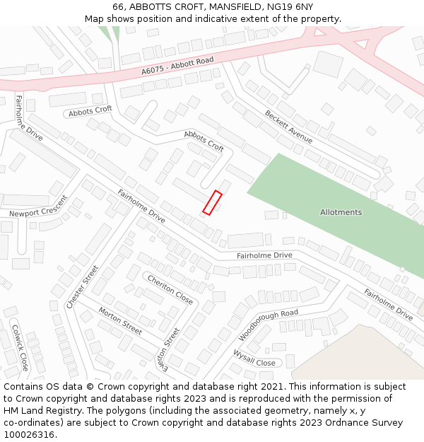 66, ABBOTTS CROFT, MANSFIELD, NG19 6NY: Location map and indicative extent of plot