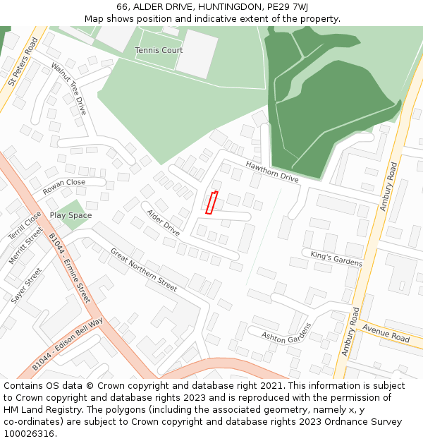 66, ALDER DRIVE, HUNTINGDON, PE29 7WJ: Location map and indicative extent of plot