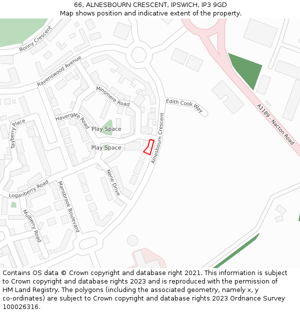 66, ALNESBOURN CRESCENT, IPSWICH, IP3 9GD: Location map and indicative extent of plot