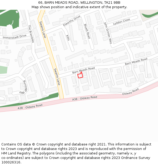 66, BARN MEADS ROAD, WELLINGTON, TA21 9BB: Location map and indicative extent of plot