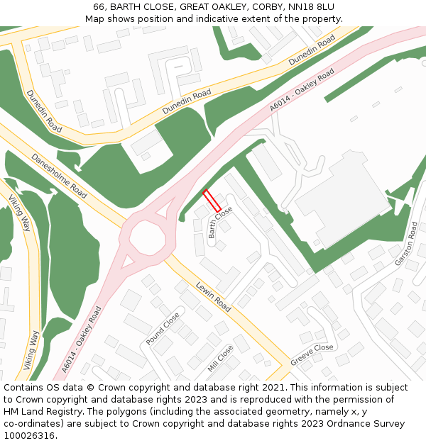 66, BARTH CLOSE, GREAT OAKLEY, CORBY, NN18 8LU: Location map and indicative extent of plot