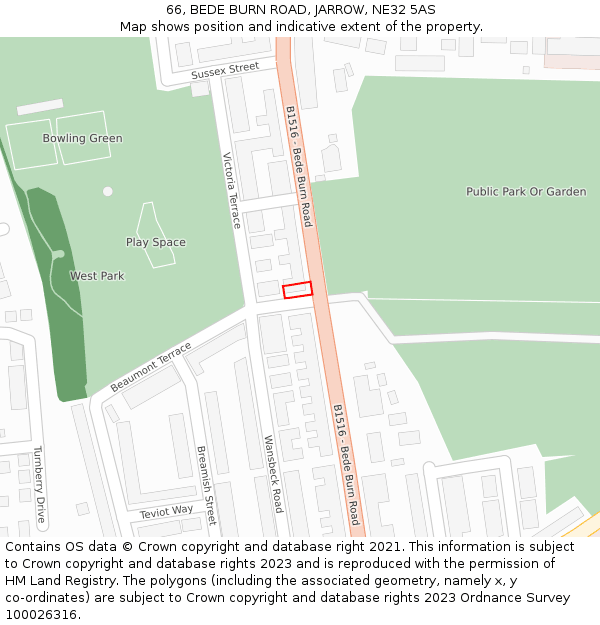 66, BEDE BURN ROAD, JARROW, NE32 5AS: Location map and indicative extent of plot