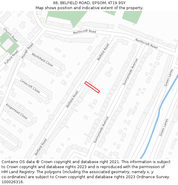 66, BELFIELD ROAD, EPSOM, KT19 9SY: Location map and indicative extent of plot