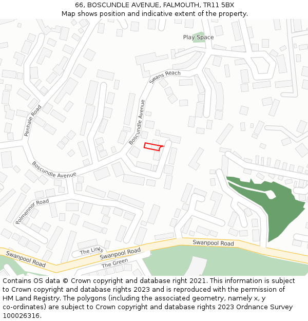 66, BOSCUNDLE AVENUE, FALMOUTH, TR11 5BX: Location map and indicative extent of plot