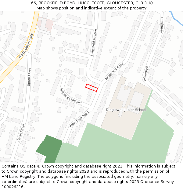 66, BROOKFIELD ROAD, HUCCLECOTE, GLOUCESTER, GL3 3HQ: Location map and indicative extent of plot