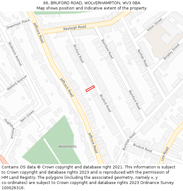 66, BRUFORD ROAD, WOLVERHAMPTON, WV3 0BA: Location map and indicative extent of plot