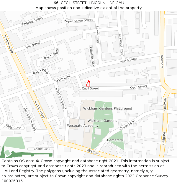 66, CECIL STREET, LINCOLN, LN1 3AU: Location map and indicative extent of plot