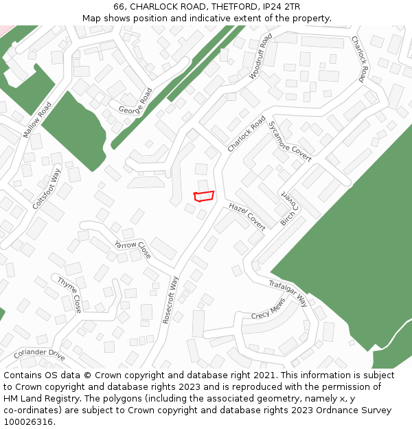 66, CHARLOCK ROAD, THETFORD, IP24 2TR: Location map and indicative extent of plot
