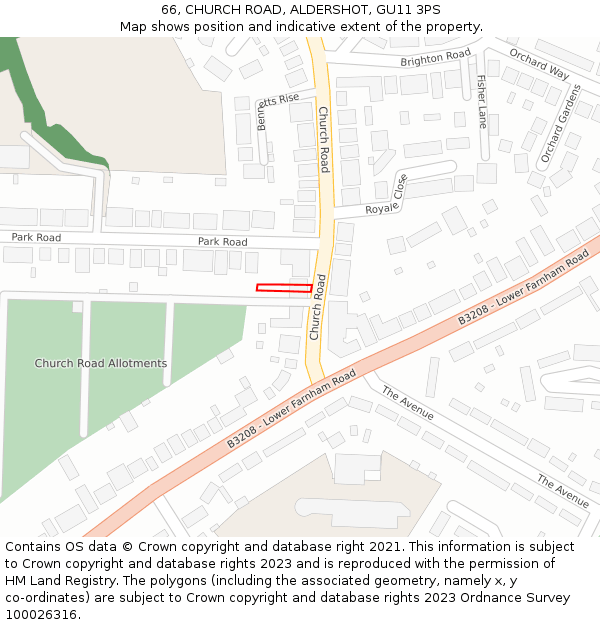 66, CHURCH ROAD, ALDERSHOT, GU11 3PS: Location map and indicative extent of plot