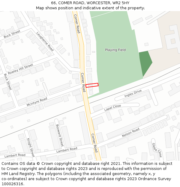 66, COMER ROAD, WORCESTER, WR2 5HY: Location map and indicative extent of plot