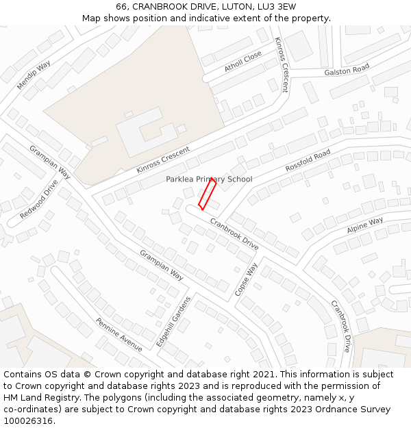 66, CRANBROOK DRIVE, LUTON, LU3 3EW: Location map and indicative extent of plot