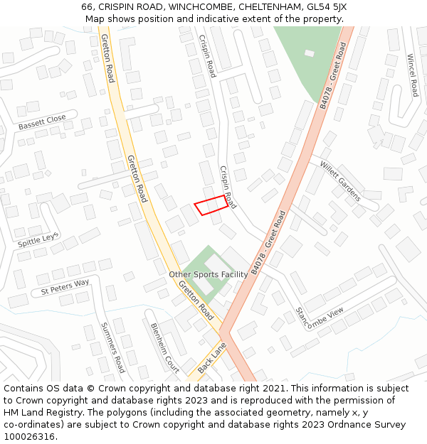 66, CRISPIN ROAD, WINCHCOMBE, CHELTENHAM, GL54 5JX: Location map and indicative extent of plot