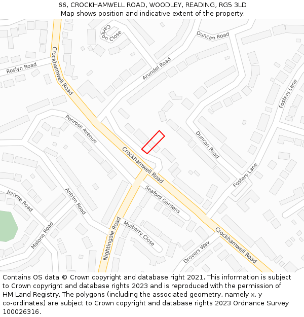 66, CROCKHAMWELL ROAD, WOODLEY, READING, RG5 3LD: Location map and indicative extent of plot