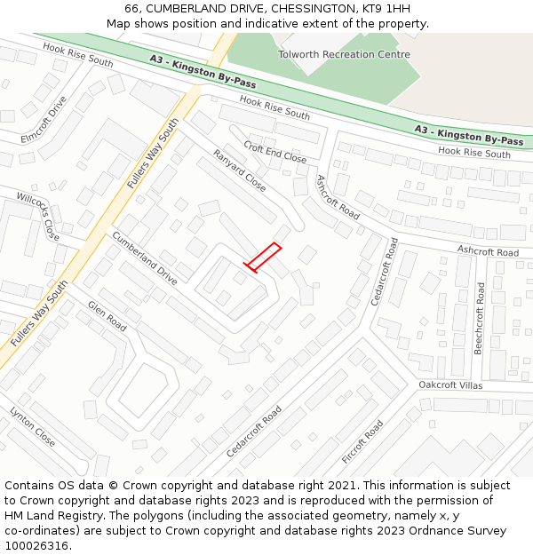 66, CUMBERLAND DRIVE, CHESSINGTON, KT9 1HH: Location map and indicative extent of plot