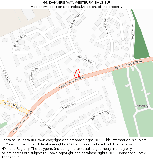 66, DANVERS WAY, WESTBURY, BA13 3UF: Location map and indicative extent of plot