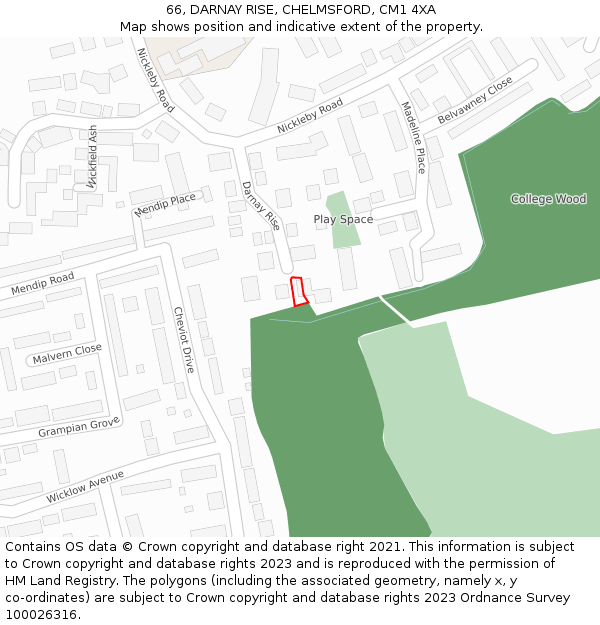 66, DARNAY RISE, CHELMSFORD, CM1 4XA: Location map and indicative extent of plot