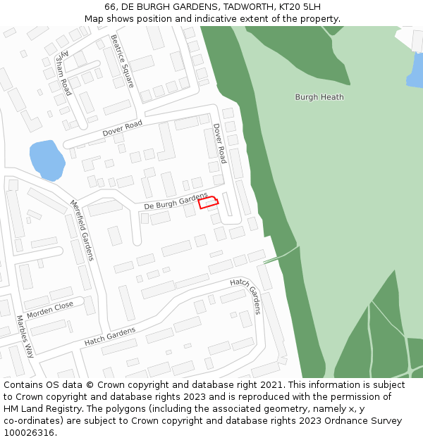 66, DE BURGH GARDENS, TADWORTH, KT20 5LH: Location map and indicative extent of plot