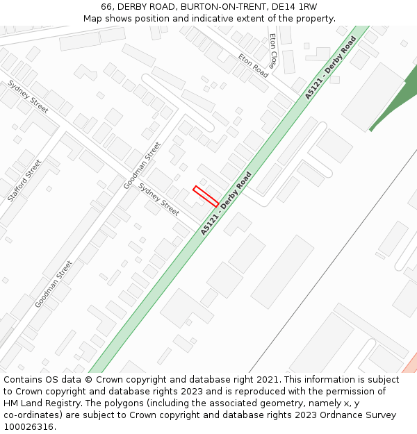66, DERBY ROAD, BURTON-ON-TRENT, DE14 1RW: Location map and indicative extent of plot