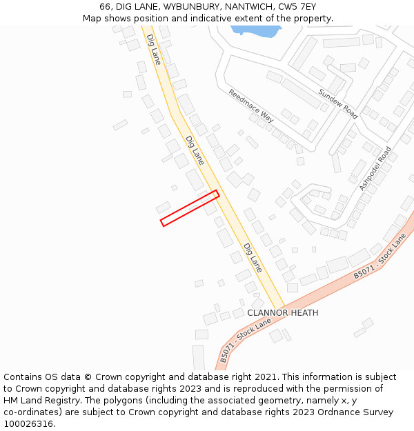 66, DIG LANE, WYBUNBURY, NANTWICH, CW5 7EY: Location map and indicative extent of plot
