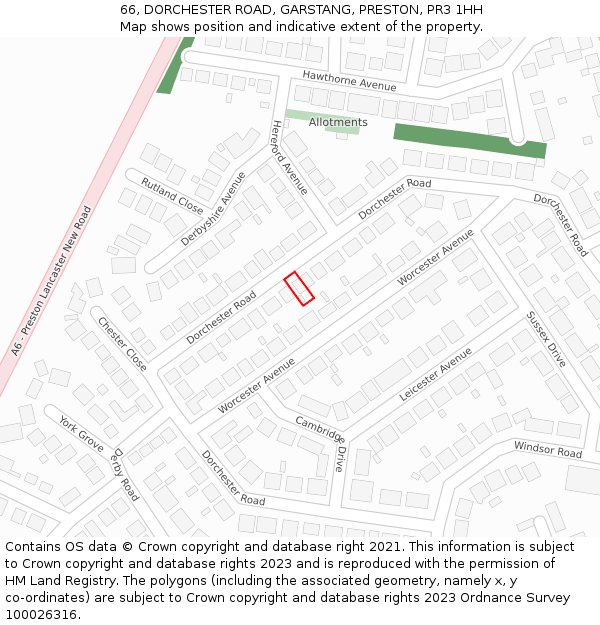 66, DORCHESTER ROAD, GARSTANG, PRESTON, PR3 1HH: Location map and indicative extent of plot