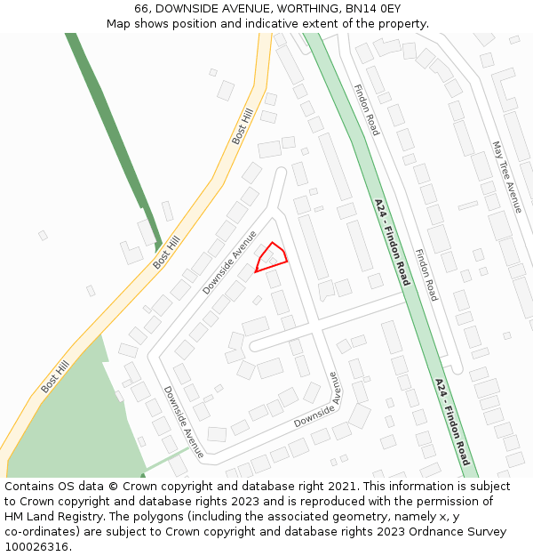 66, DOWNSIDE AVENUE, WORTHING, BN14 0EY: Location map and indicative extent of plot