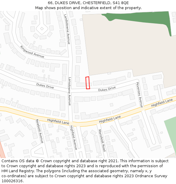 66, DUKES DRIVE, CHESTERFIELD, S41 8QE: Location map and indicative extent of plot