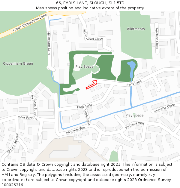 66, EARLS LANE, SLOUGH, SL1 5TD: Location map and indicative extent of plot